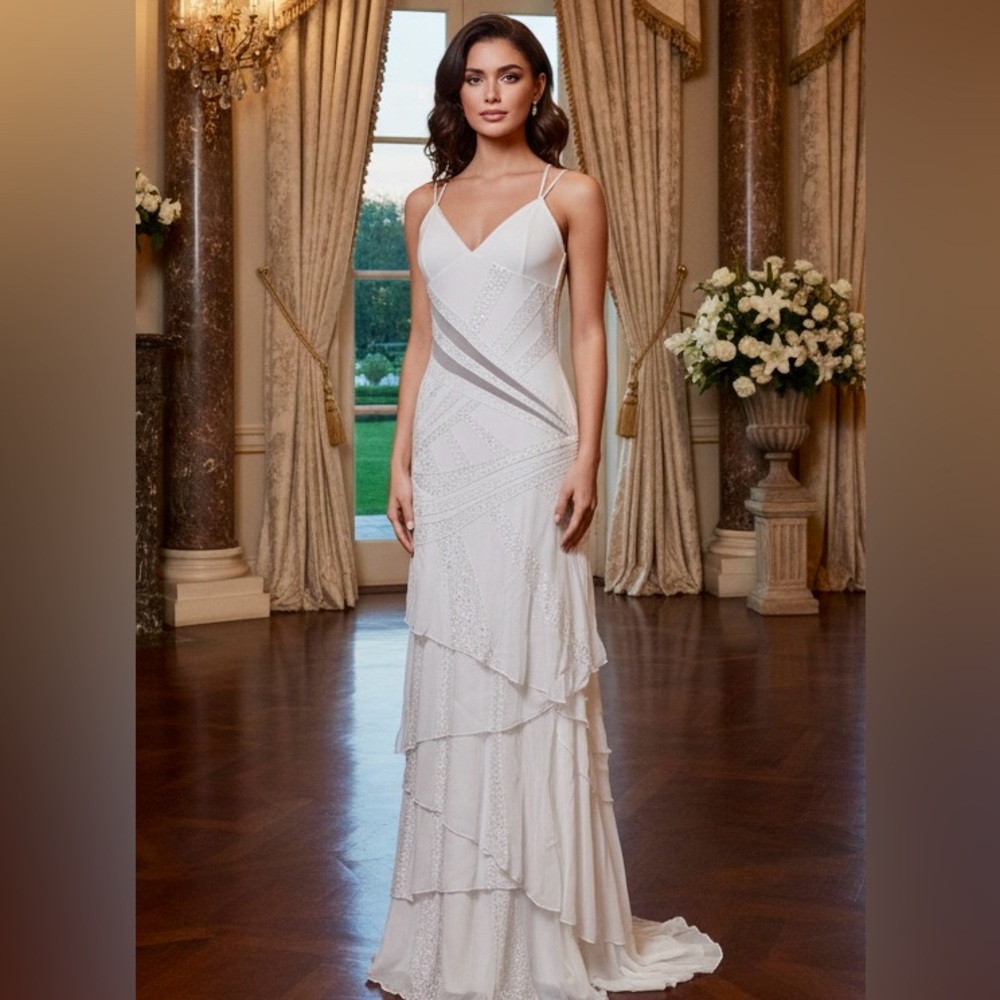 Elegant White hand, beaded attitudes by Debra evening gown‎